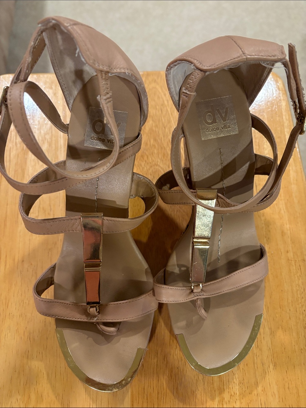 Dolce Vita Blush Tan Strappy T-Bar Heels with Gold Accents